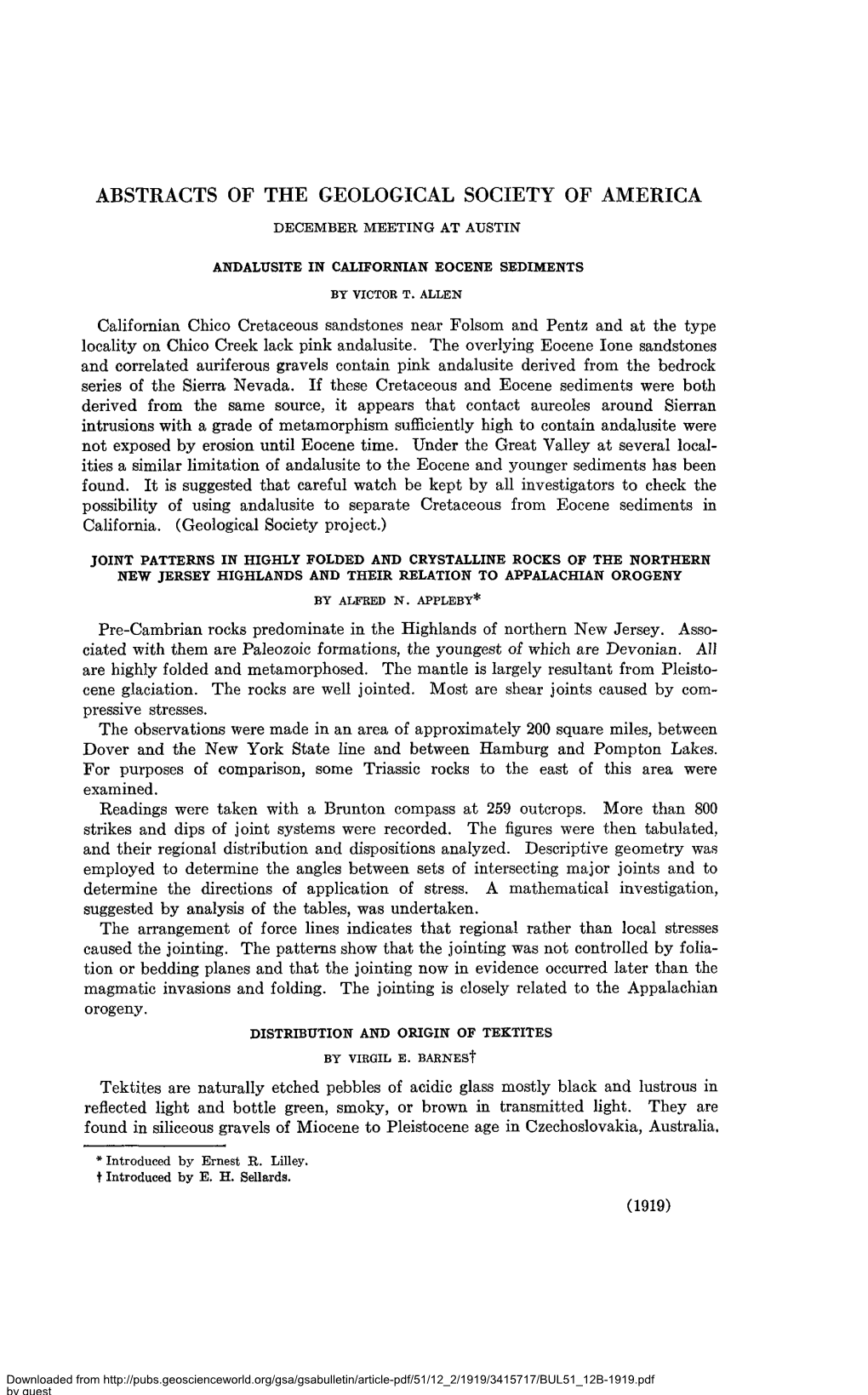 Abstracts of the Geological Society of America December Meeting at Austin Andaltjsite in Californian Eocene Sediments Bt Victor T