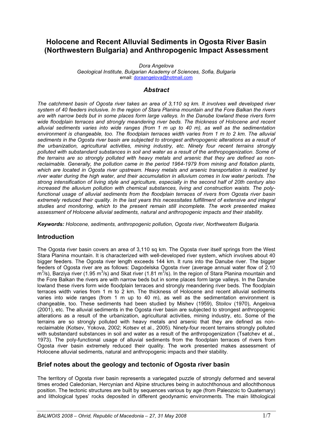 Holocene and Recent Alluvial Sediments in Ogosta River Basin (Northwestern Bulgaria) and Anthropogenic Impact Assessment