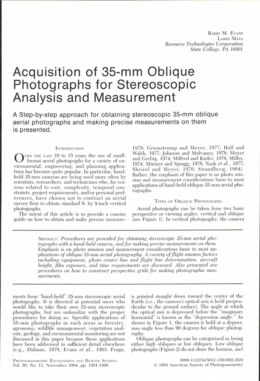 Acquisition of 35-Mm Oblique Photographs for Stereoscopic Analysis and Measurement