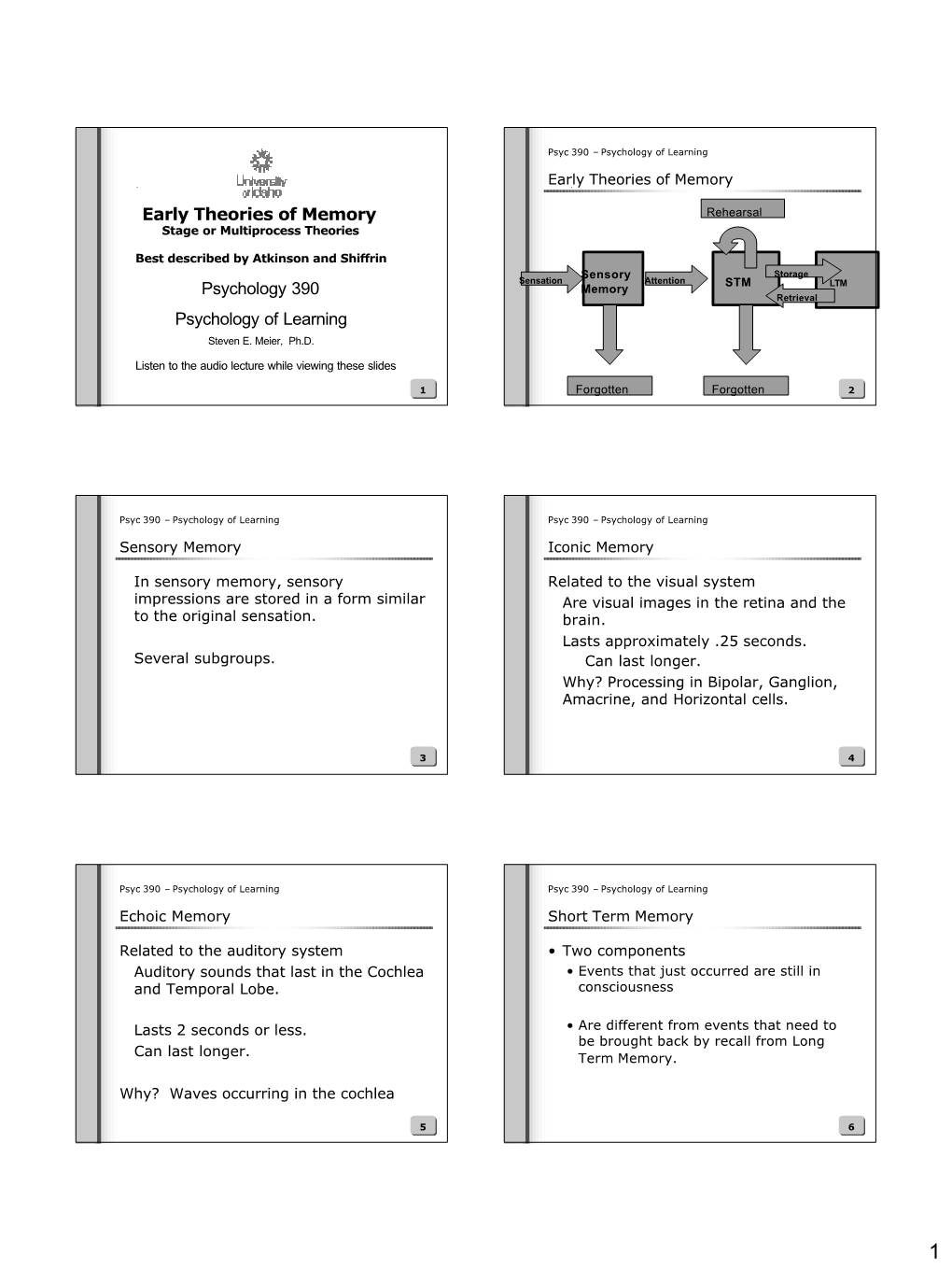 Psychology 390 Psychology of Learning Early Theories of Memory