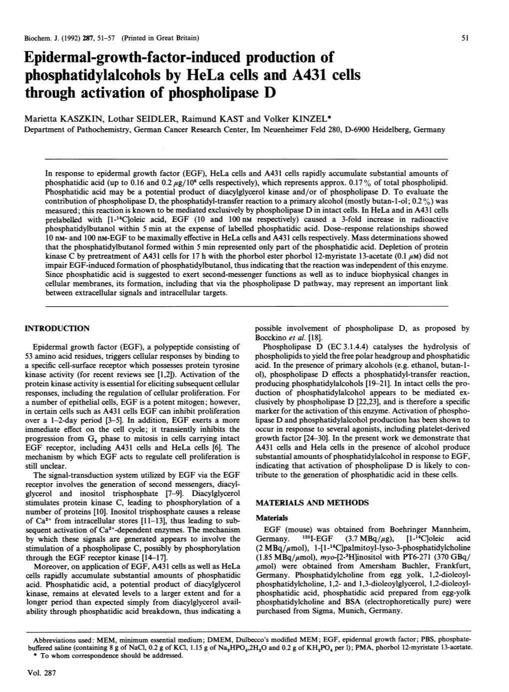 Phosphatidylalcohols by Hela Cells and A431 Cells Through Activation of Phospholipase D