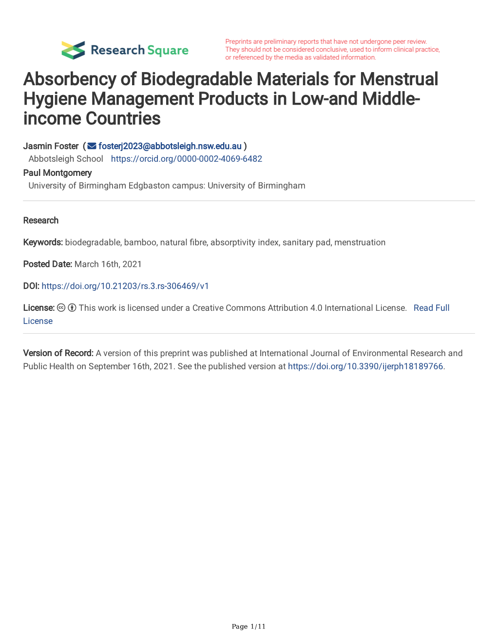Absorbency of Biodegradable Materials for Menstrual Hygiene Management Products in Low-And Middle- Income Countries