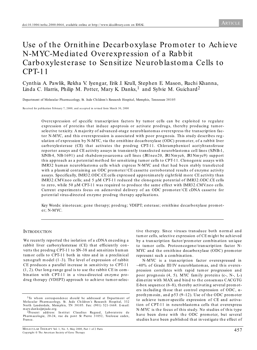 Use of the Ornithine Decarboxylase Promoter to Achieve N-MYC-Mediated Overexpression of a Rabbit Carboxylesterase to Sensitize Neuroblastoma Cells to CPT-11 Cynthia A