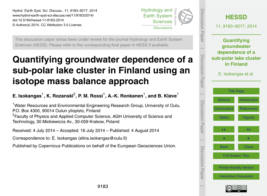 Quantifying Groundwater Dependence of a Sub-Polar Lake Cluster in Finland