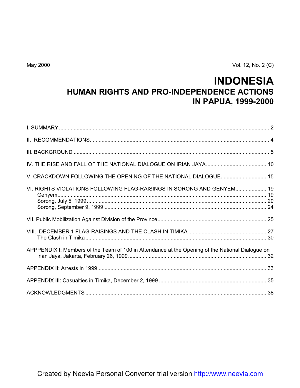 Indonesia Human Rights and Pro-Independence Actions in Papua, 1999-2000