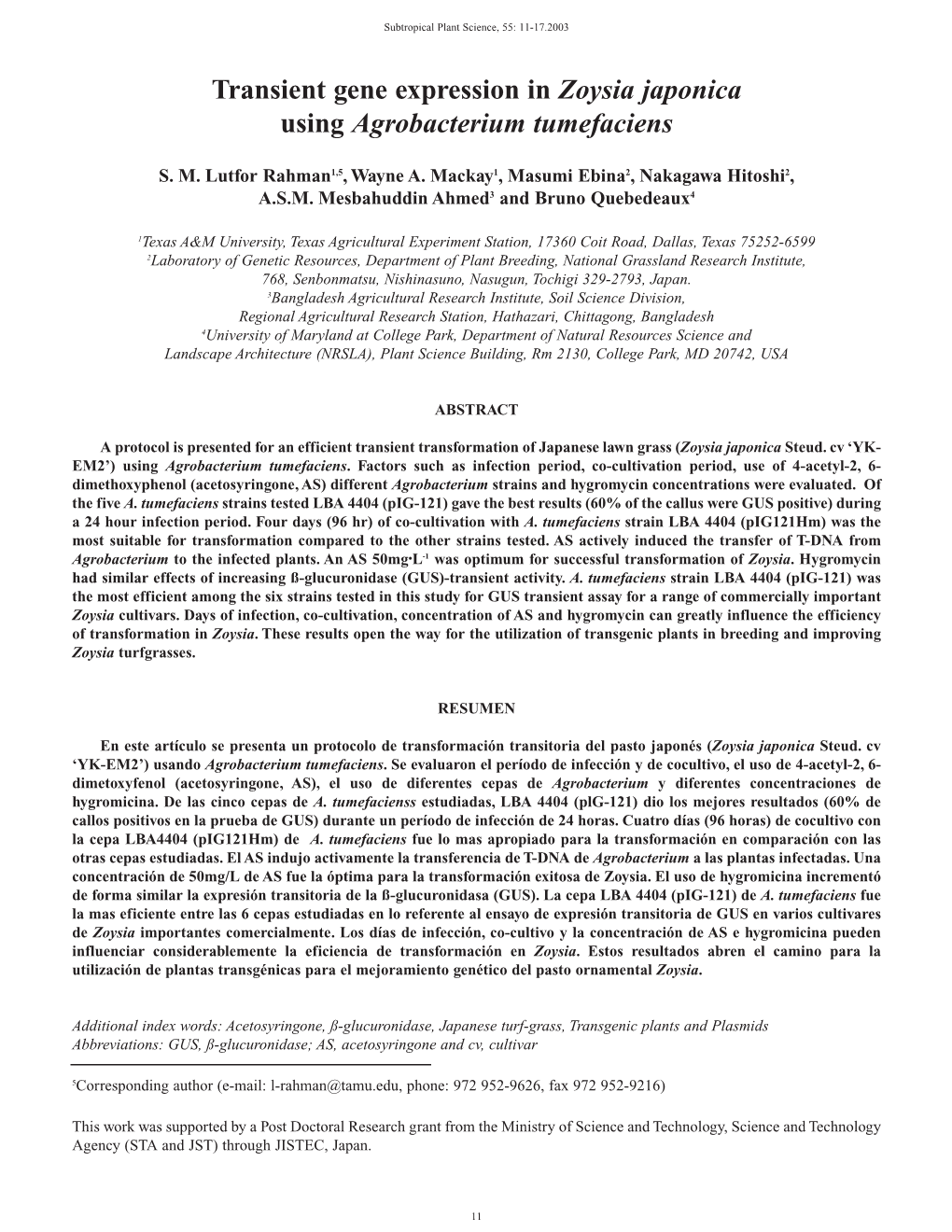 Transient Gene Expression in Zoysia Japonica Using Agrobacterium Tumefaciens