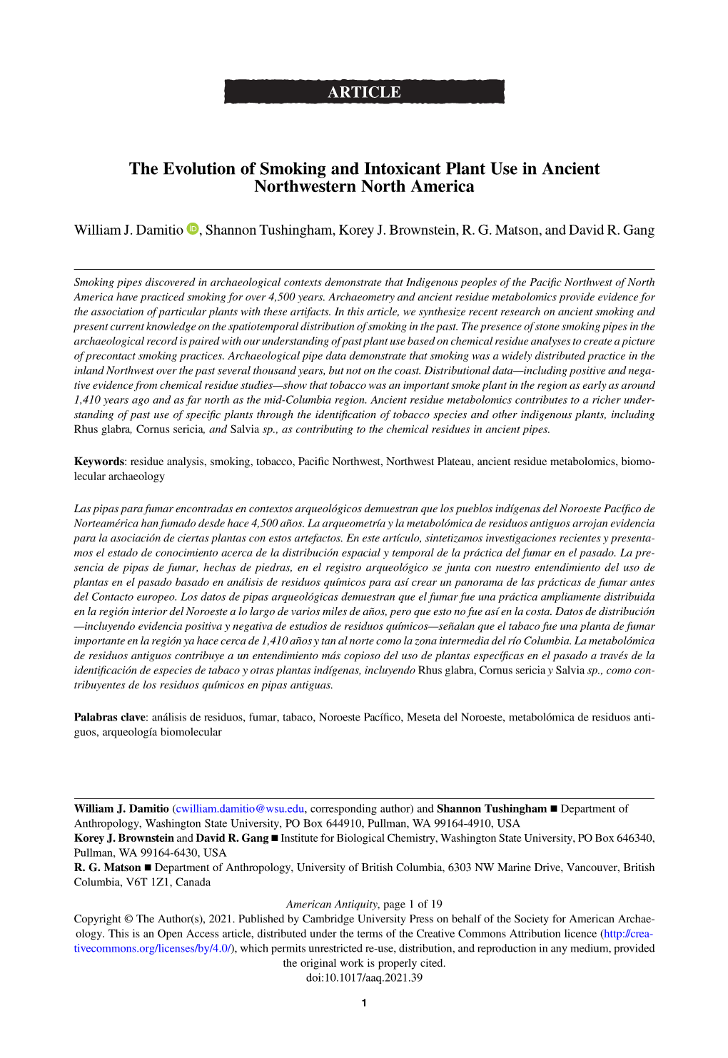 The Evolution of Smoking and Intoxicant Plant Use in Ancient Northwestern North America