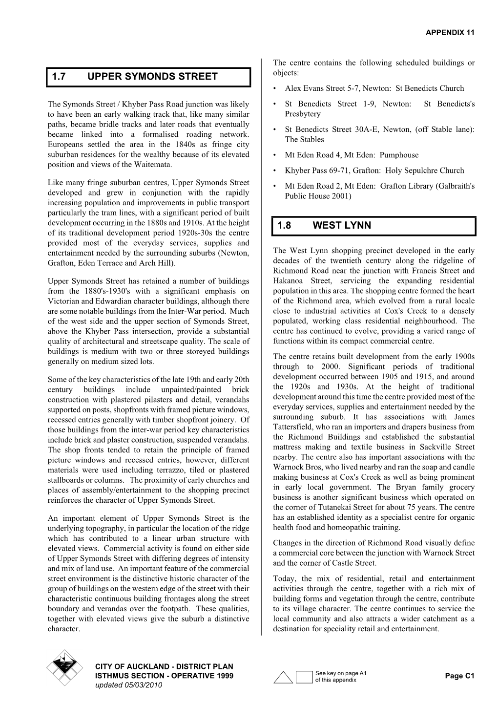 DISTRICT PLAN ISTHMUS SECTION - OPERATIVE 1999See Key on Page A1 Page C1 of This Appendix Updated 05/03/2010 APPENDIX 11