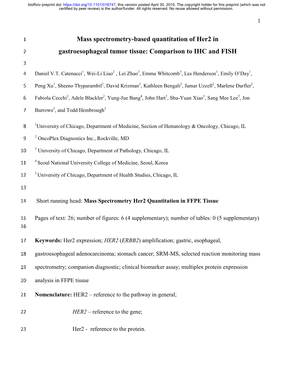 Mass Spectrometry-Based Quantitation of Her2 in 2 Gastroesophageal Tumor Tissue: Comparison to IHC and FISH 3 4 Daniel V.T