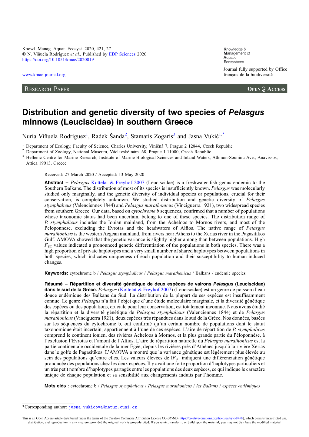 Distribution and Genetic Diversity of Two Species of Pelasgus Minnows (Leuciscidae) in Southern Greece