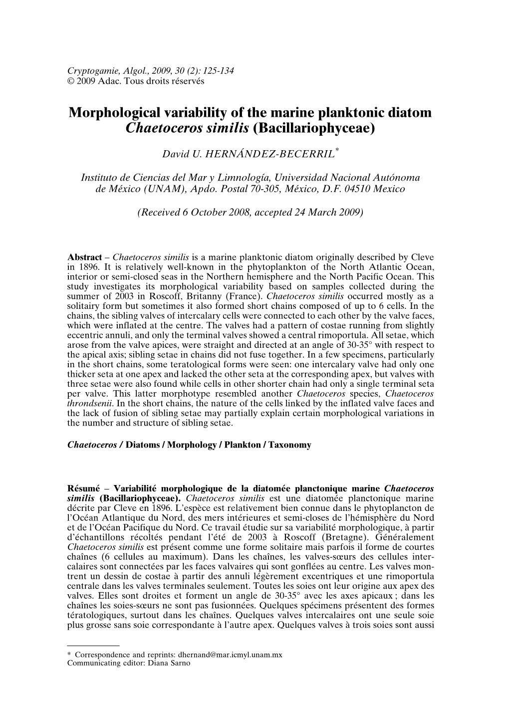 Morphological Variability of the Marine Planktonic Diatom Chaetoceros Similis (Bacillariophyceae)