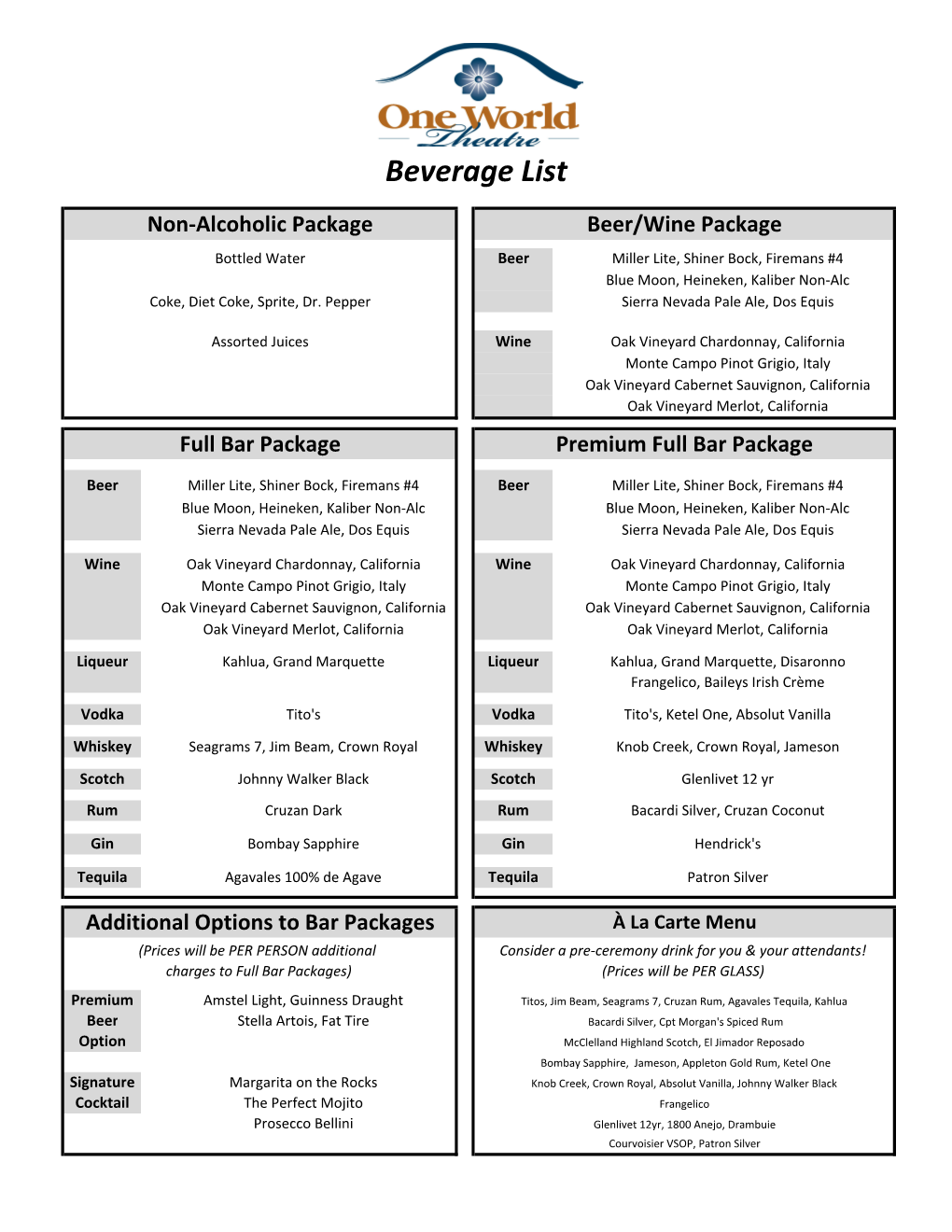 OWT Bar Packages