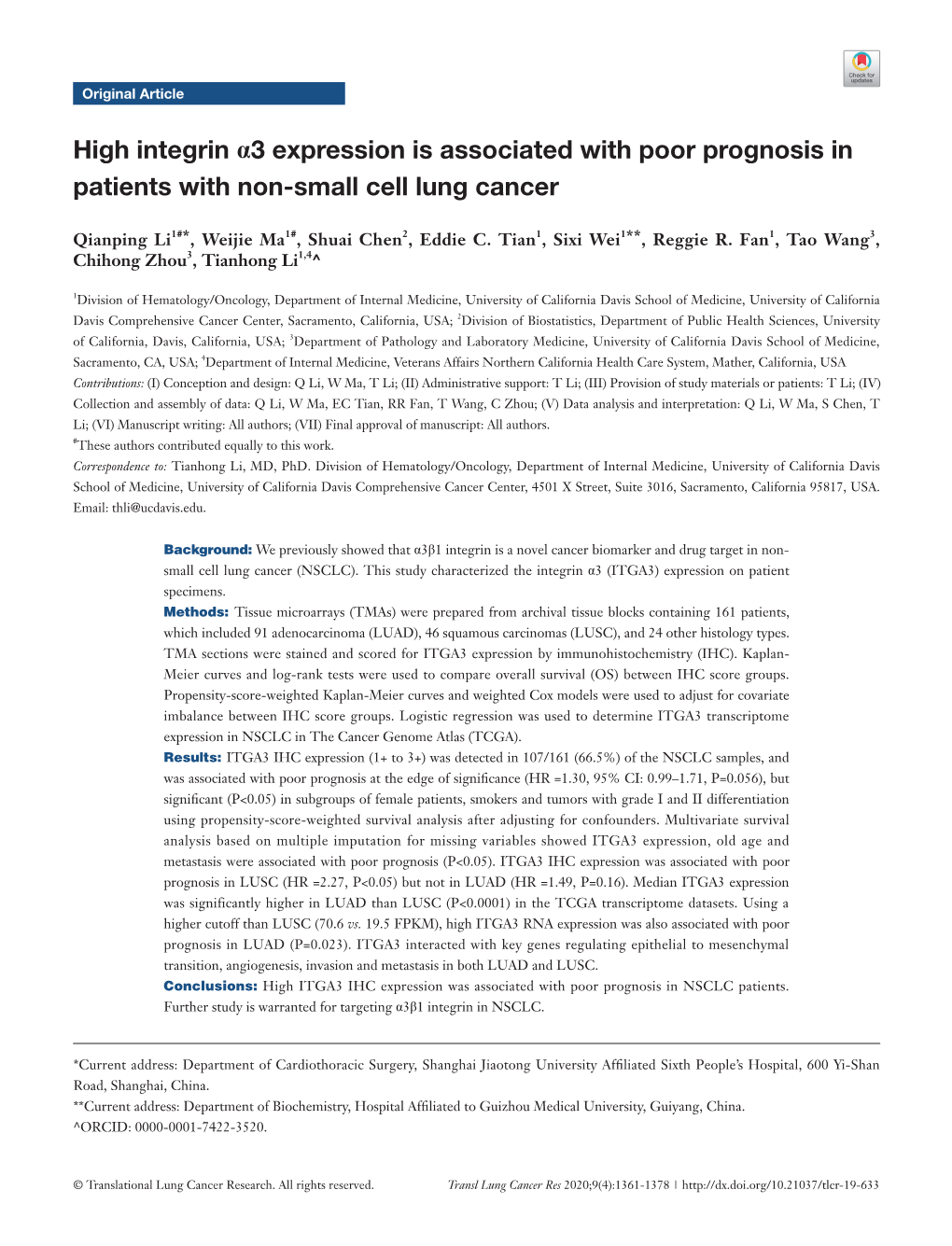 High Integrin Α3 Expression Is Associated with Poor Prognosis in Patients with Non-Small Cell Lung Cancer