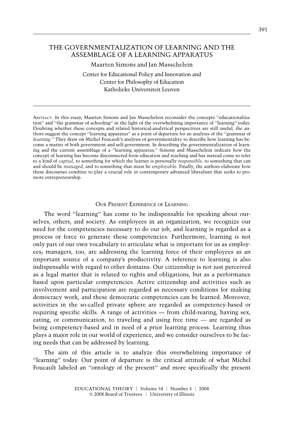 The Governmentalization of Learning and the Assemblage of a Learning Apparatus