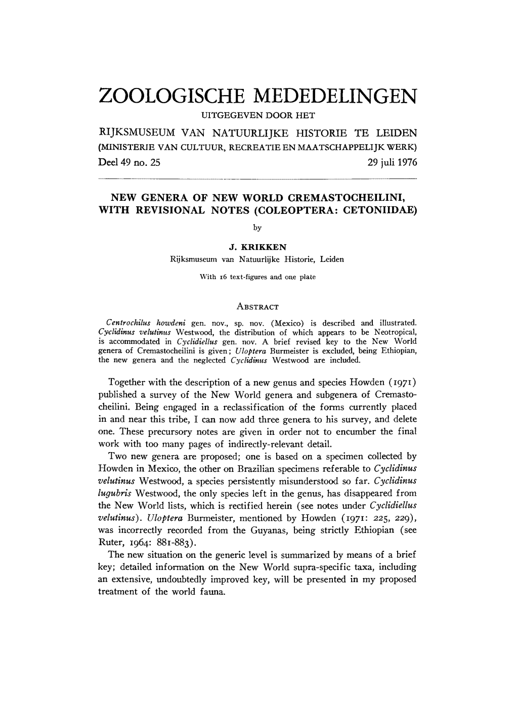 ZOOLOGISCHE MEDEDELINGEN UITGEGEVEN DOOR HET RIJKSMUSEUM VAN NATUURLIJKE HISTORIE TE LEIDEN (MINISTERIE VAN CULTUUR, RECREATIE EN MAATSCHAPPELIJK WERK) Deel 49 No
