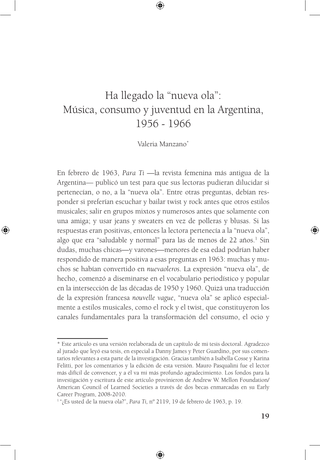 Nueva Ola”: Música, Consumo Y Juventud En La Argentina, 1956 - 1966