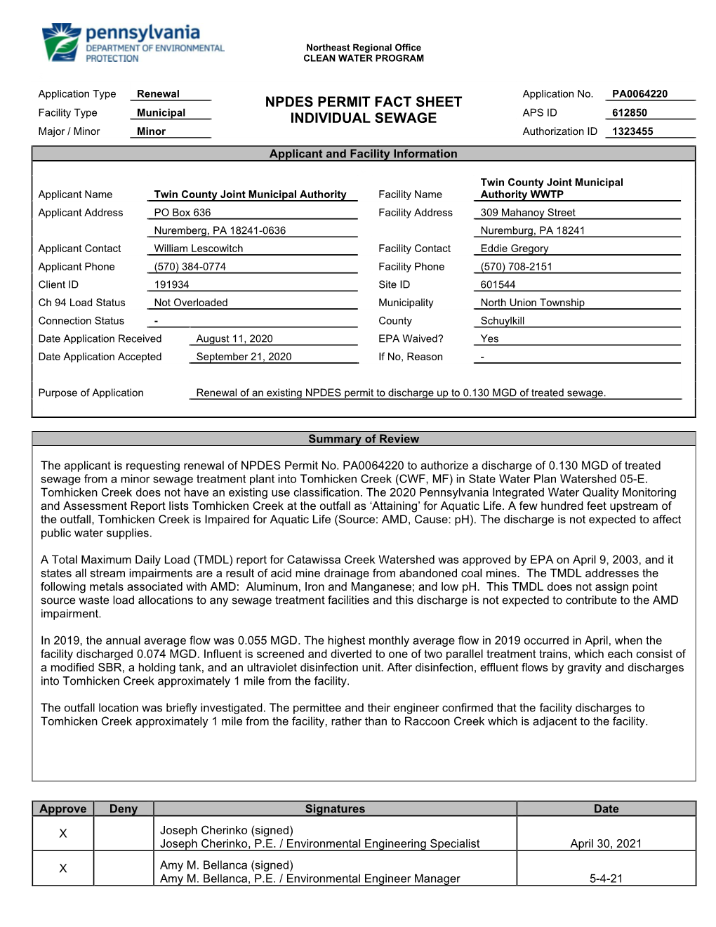 Npdes Permit Fact Sheet Individual Sewage