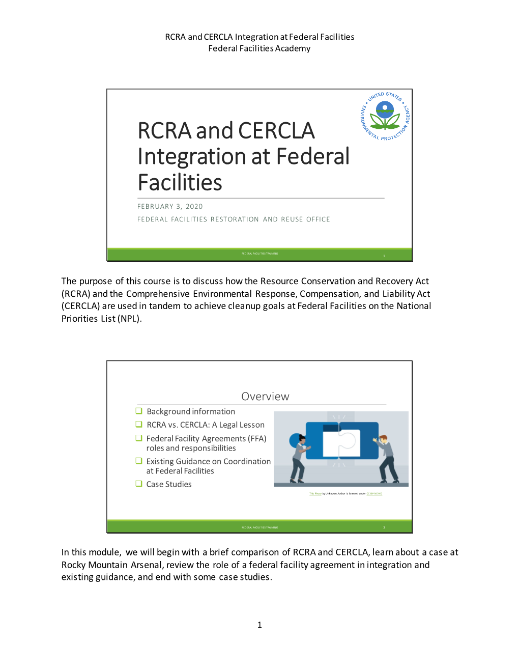 RCRA and CERCLA Integration at Federal Facilities Federal Facilities Academy