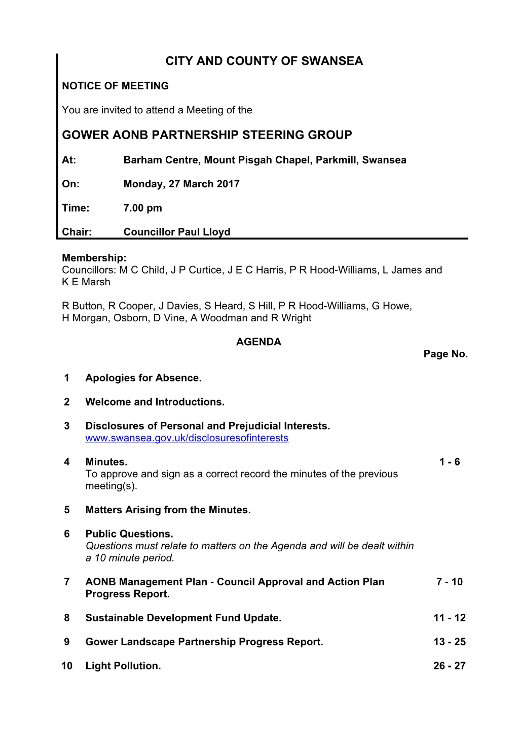 (Public Pack)Agenda Document for Gower AONB Partnership Steering