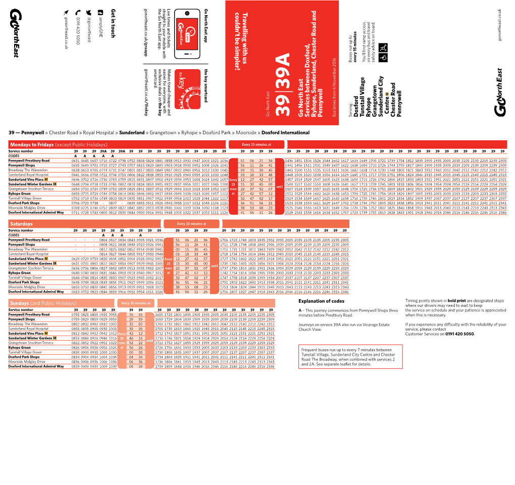 Go North East Services Between Doxford, Ryhope, Sunderland, Chester Road and Pennywell