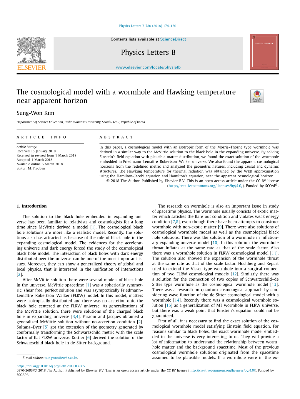 The Cosmological Model with a Wormhole and Hawking Temperature Near Apparent Horizon