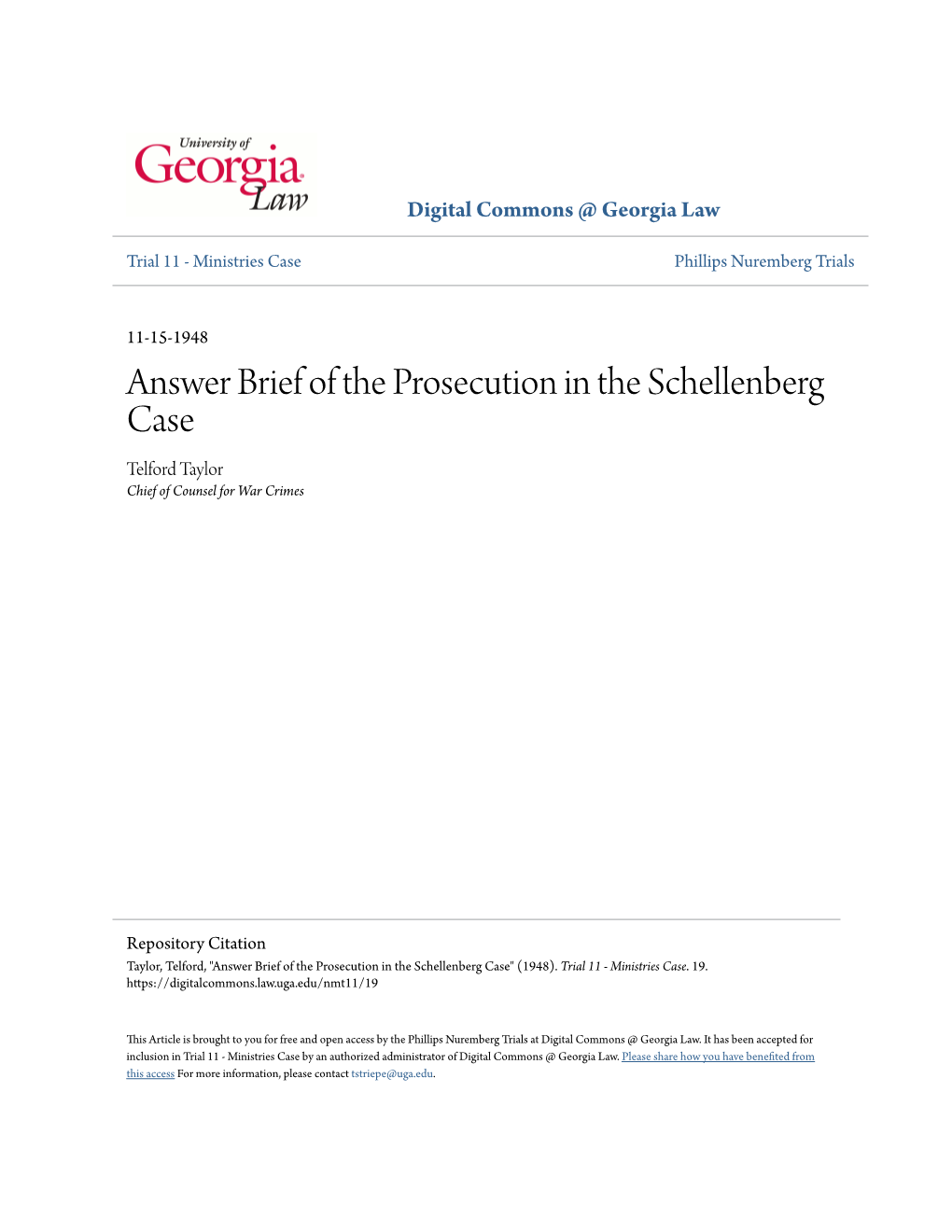 Answer Brief of the Prosecution in the Schellenberg Case Telford Taylor Chief of Counsel for War Crimes