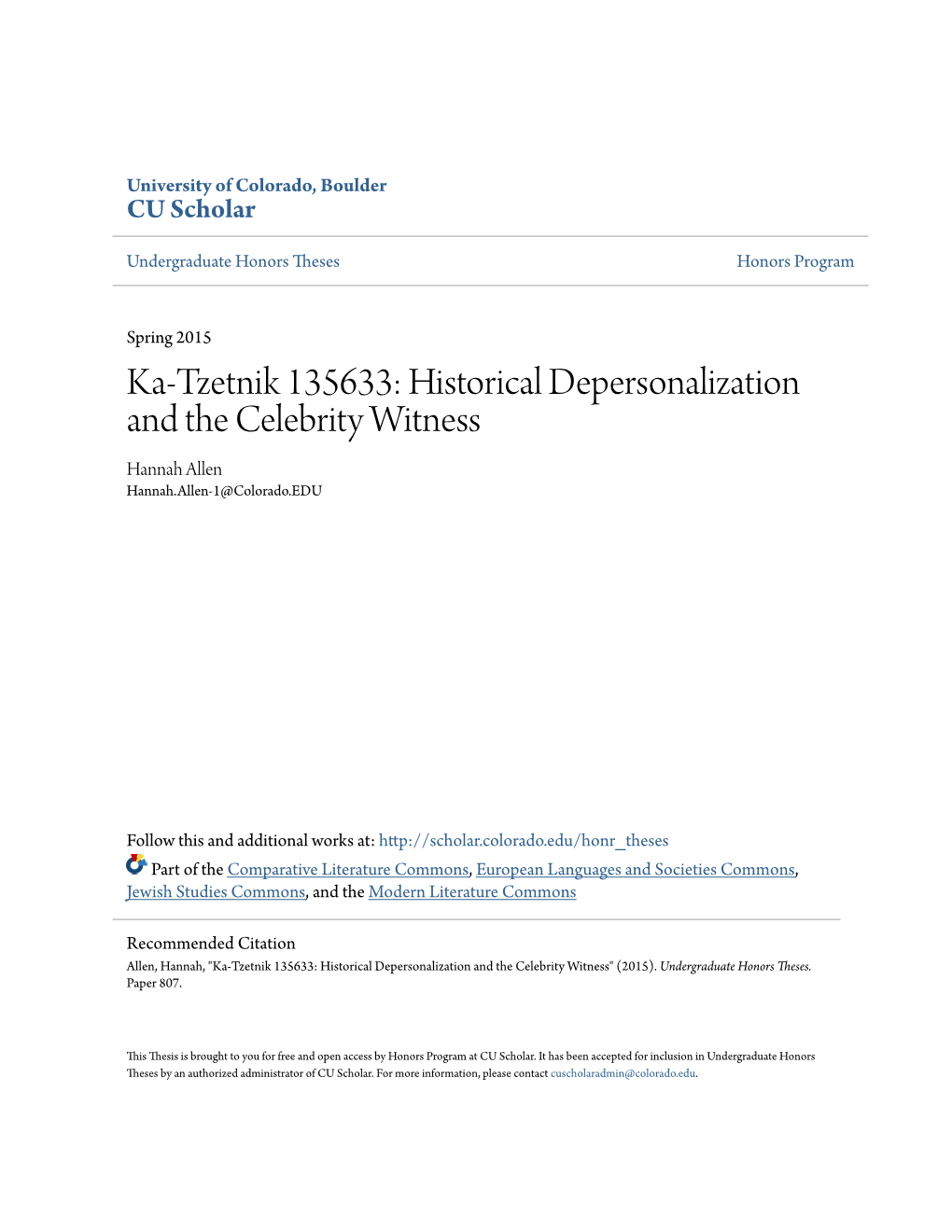 Ka-Tzetnik 135633: Historical Depersonalization and the Celebrity Witness Hannah Allen Hannah.Allen-1@Colorado.EDU