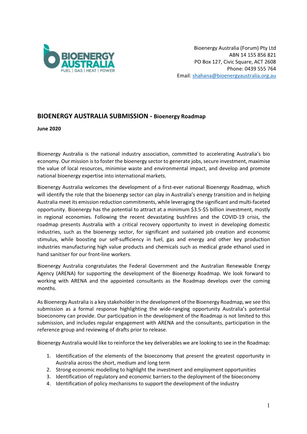 Bioenergy Australia Submission to the Australian Bioenergy Roadmap