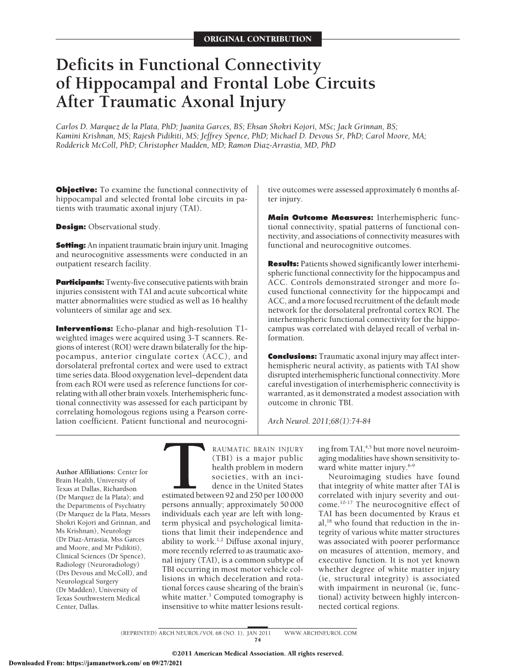 Deficits in Functional Connectivity of Hippocampal and Frontal Lobe Circuits After Traumatic Axonal Injury