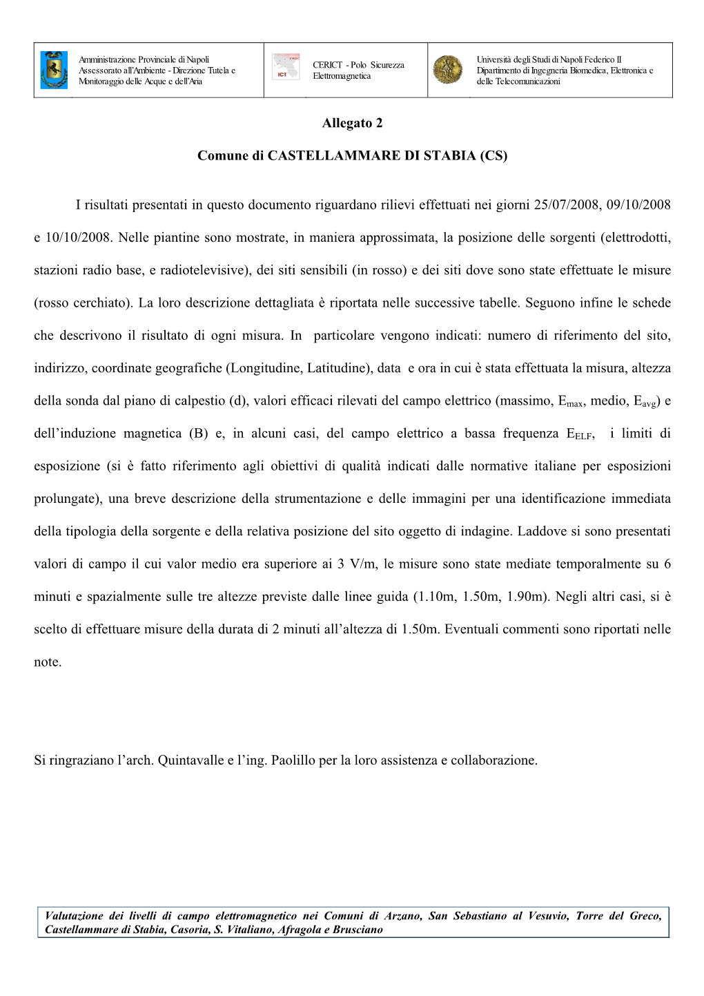 Allegato 2 Comune Di CASTELLAMMARE DI STABIA (CS) I Risultati Presentati in Questo Documento Riguardano Rilievi Effettuati Nei G