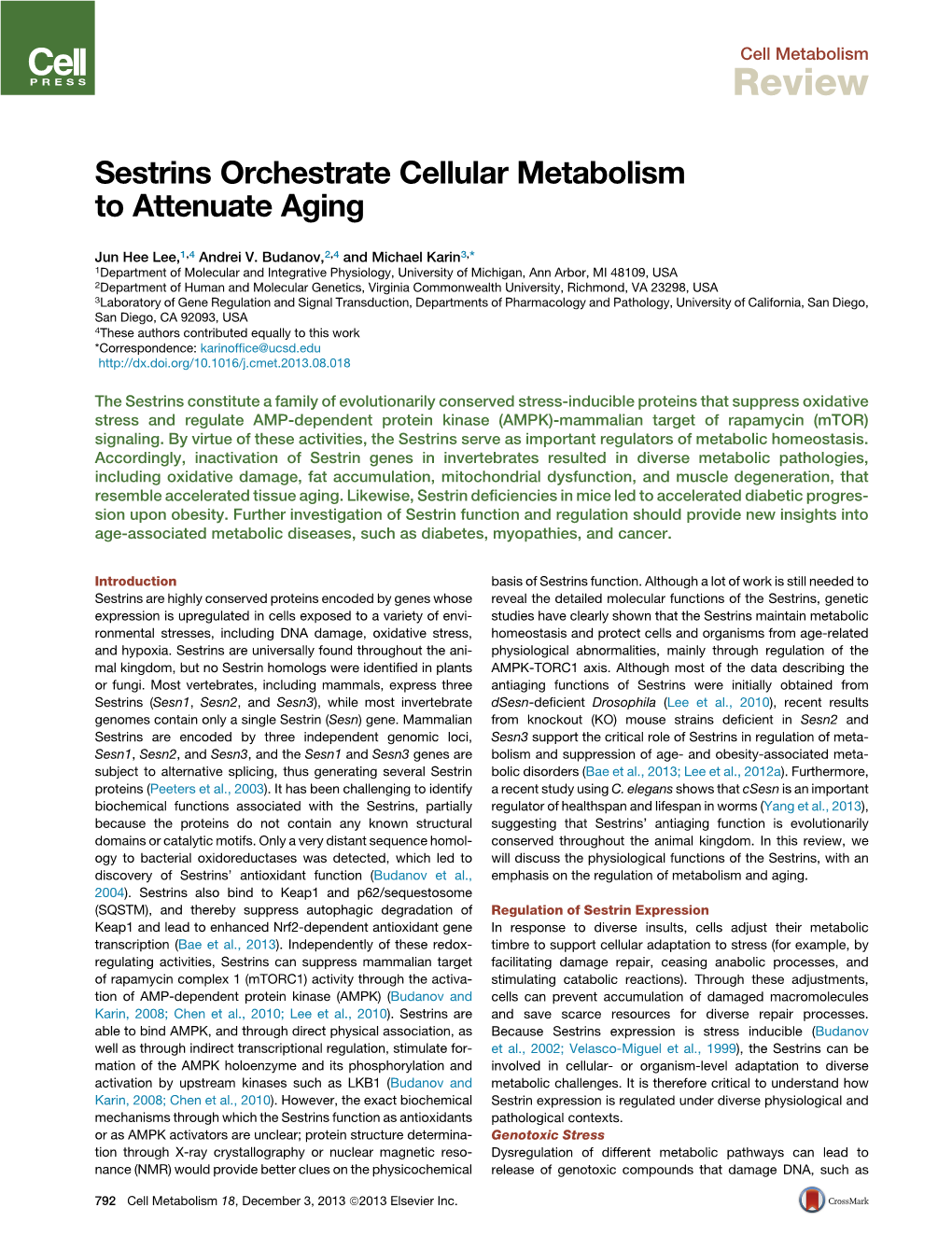 Sestrins Orchestrate Cellular Metabolism to Attenuate Aging