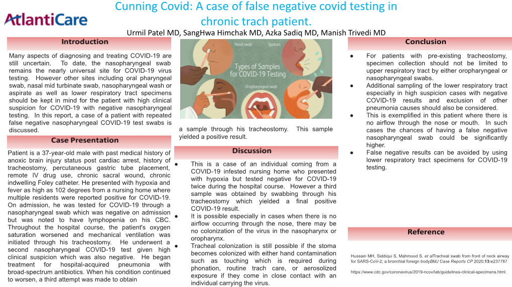 A Case of False Negative Covid Testing in Chronic Trach Patient. Urmil Patel MD, Sanghwa Himchak MD, Azka Sadiq MD, Manish Trivedi MD