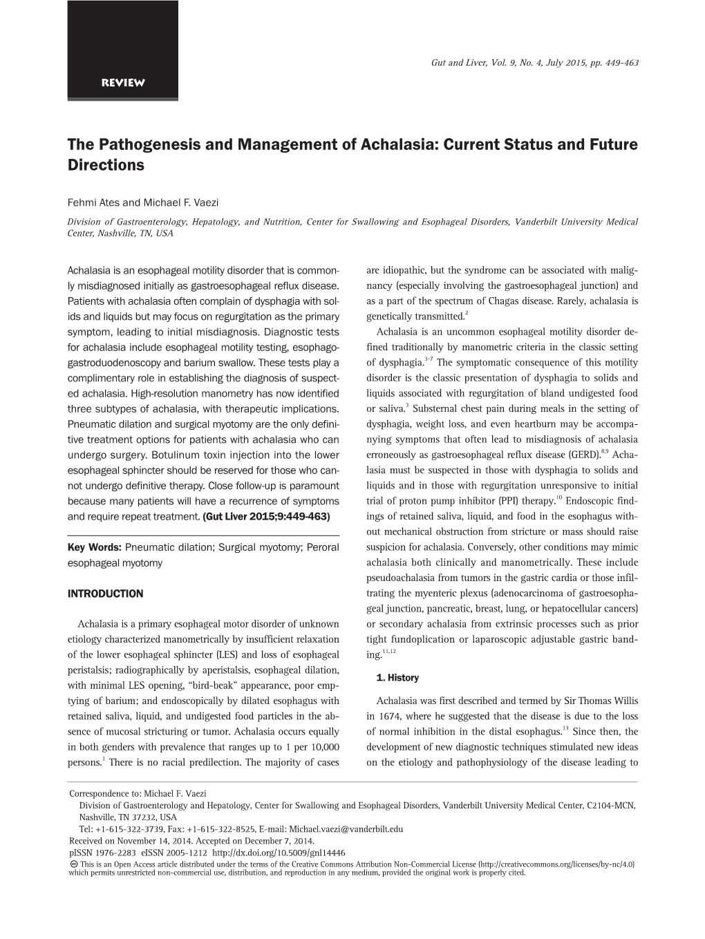 The Pathogenesis and Management of Achalasia: Current Status and Future Directions