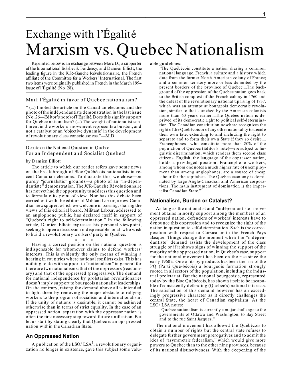 Marxism Vs. Quebec Nationalism