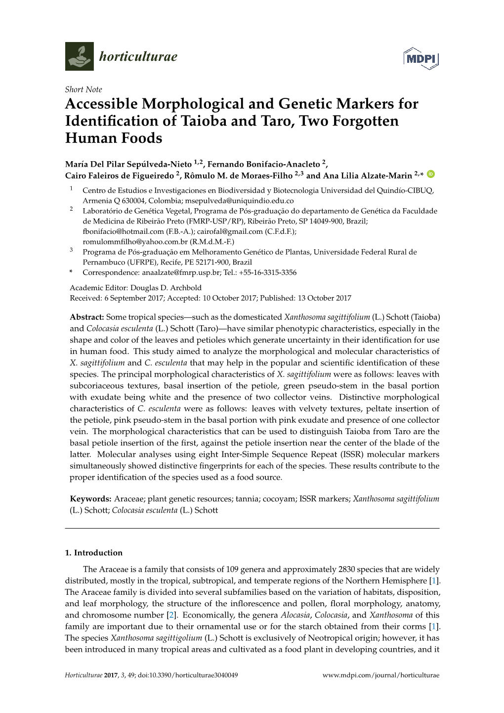 Accessible Morphological and Genetic Markers for Identification of Taioba and Taro, Two Forgotten Human Foods