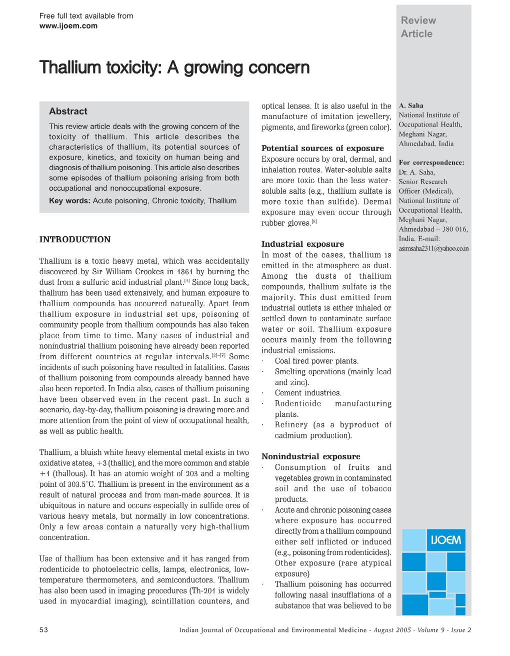 A Gr Thallium Toxicity: a Growing Concer Owing Concer Owing Concern