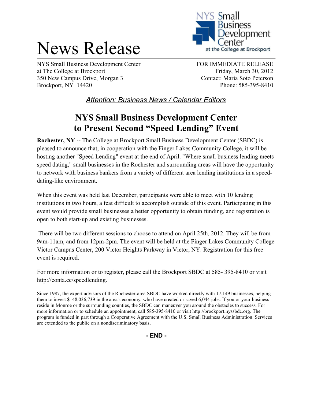 NYS Small Business Development Center for IMMEDIATE RELEASE