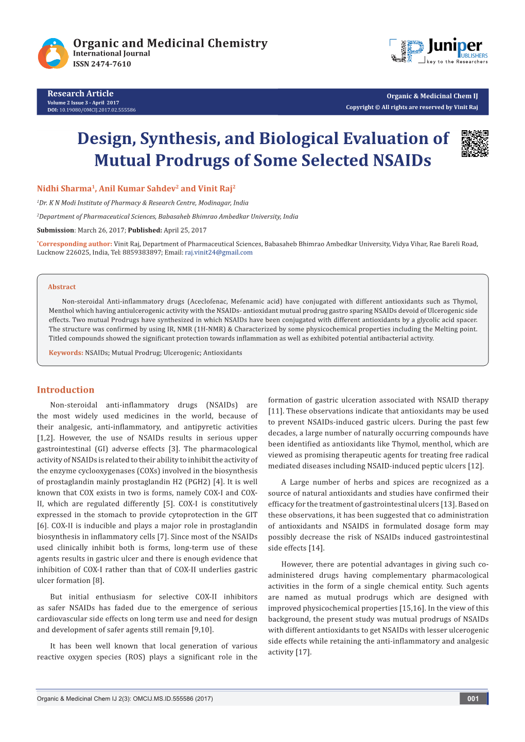 Design, Synthesis, and Biological Evaluation of Mutual Prodrugs of Some Selected Nsaids