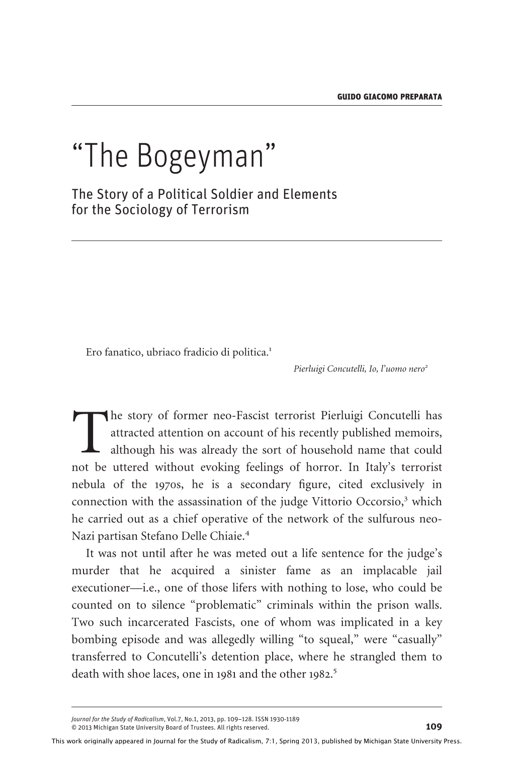 “The Bogeyman” the Story of a Political Soldier and Elements for the Sociology of Terrorism