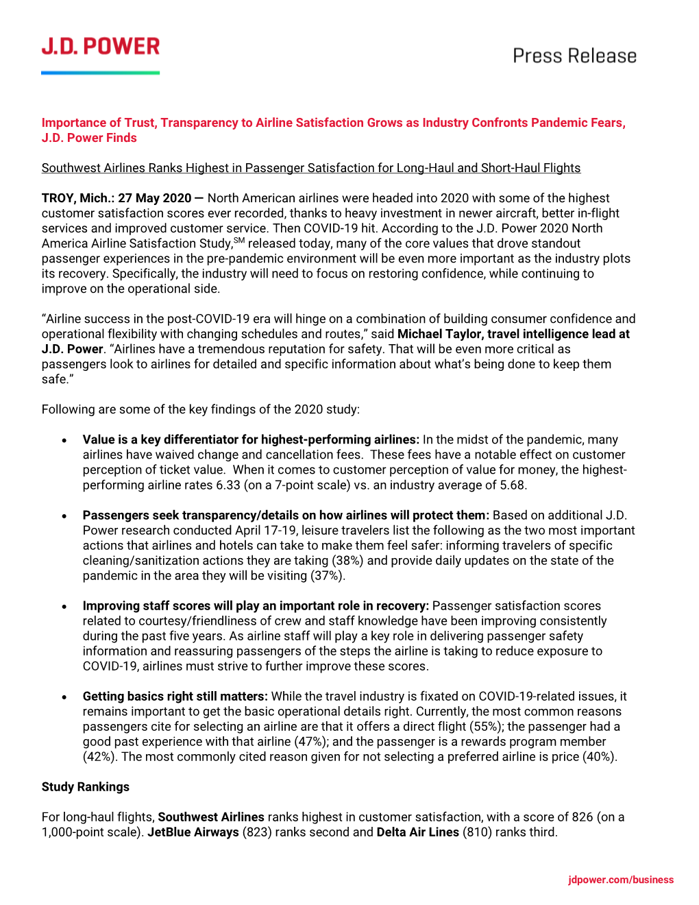 2020 North America Airline Satisfaction Study