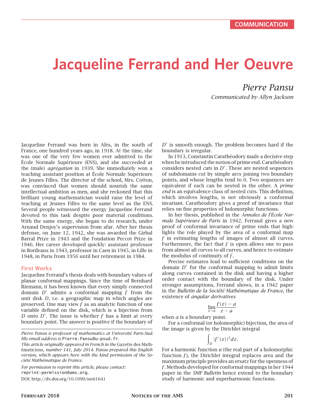 Jacqueline Ferrand and Her Oeuvre