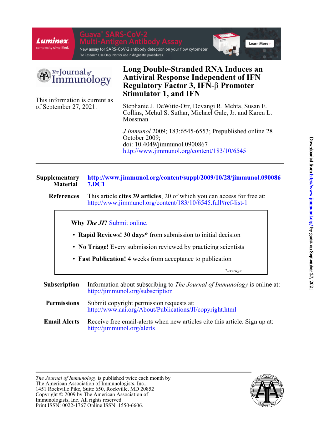 Antiviral Response Independent of IFN Regulatory Factor 3, IFN-Β Promoter Stimulator 1, and IFN This Information Is Current As of September 27, 2021