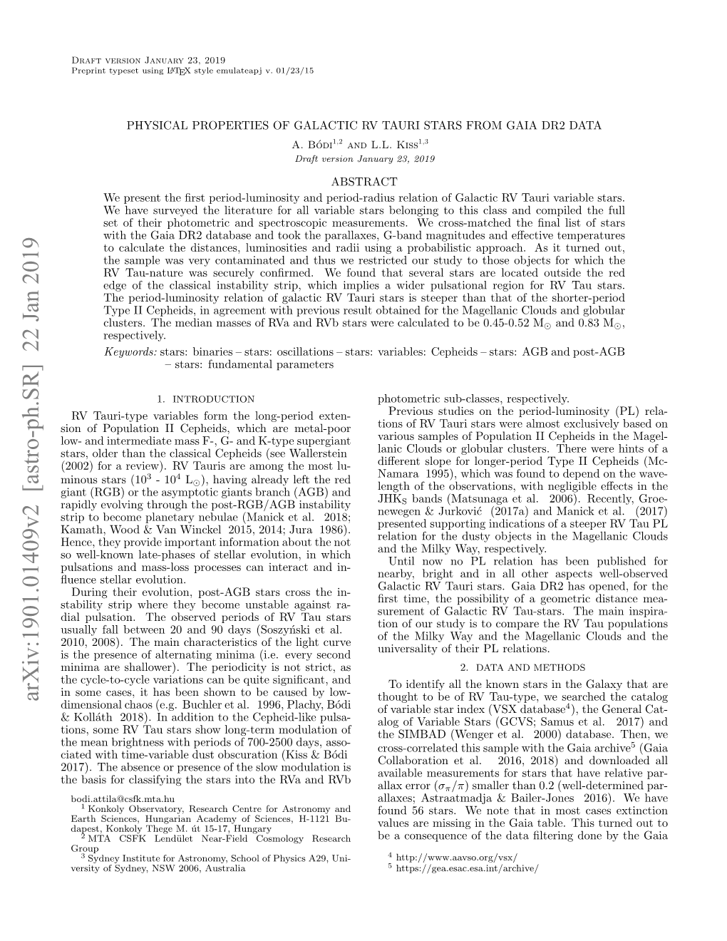 Arxiv:1901.01409V2 [Astro-Ph.SR] 22 Jan 2019 Thought to Be of RV Tau-Type, We Searched the Catalog Dimensional Chaos (E.G