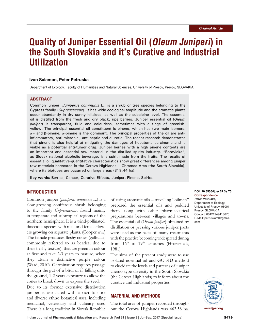 Quality of Juniper Essential Oil (Oleum Juniperi) in the South Slovakia and It's Curative and Industrial Utilization