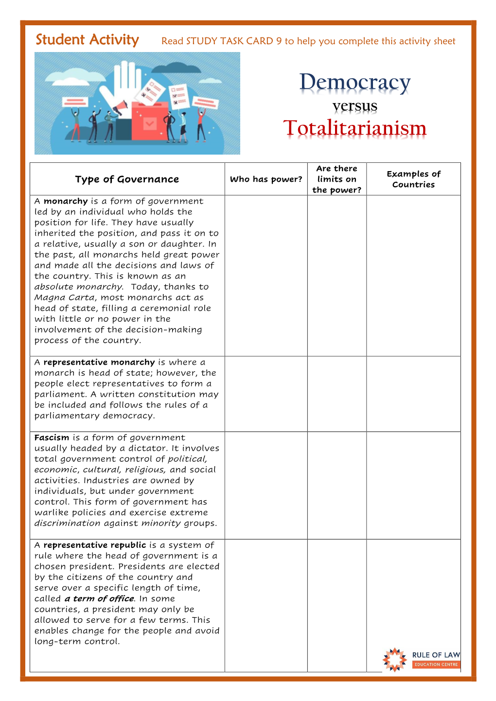 ACTIVITY SHEET Democracy Versus Totalitarianism