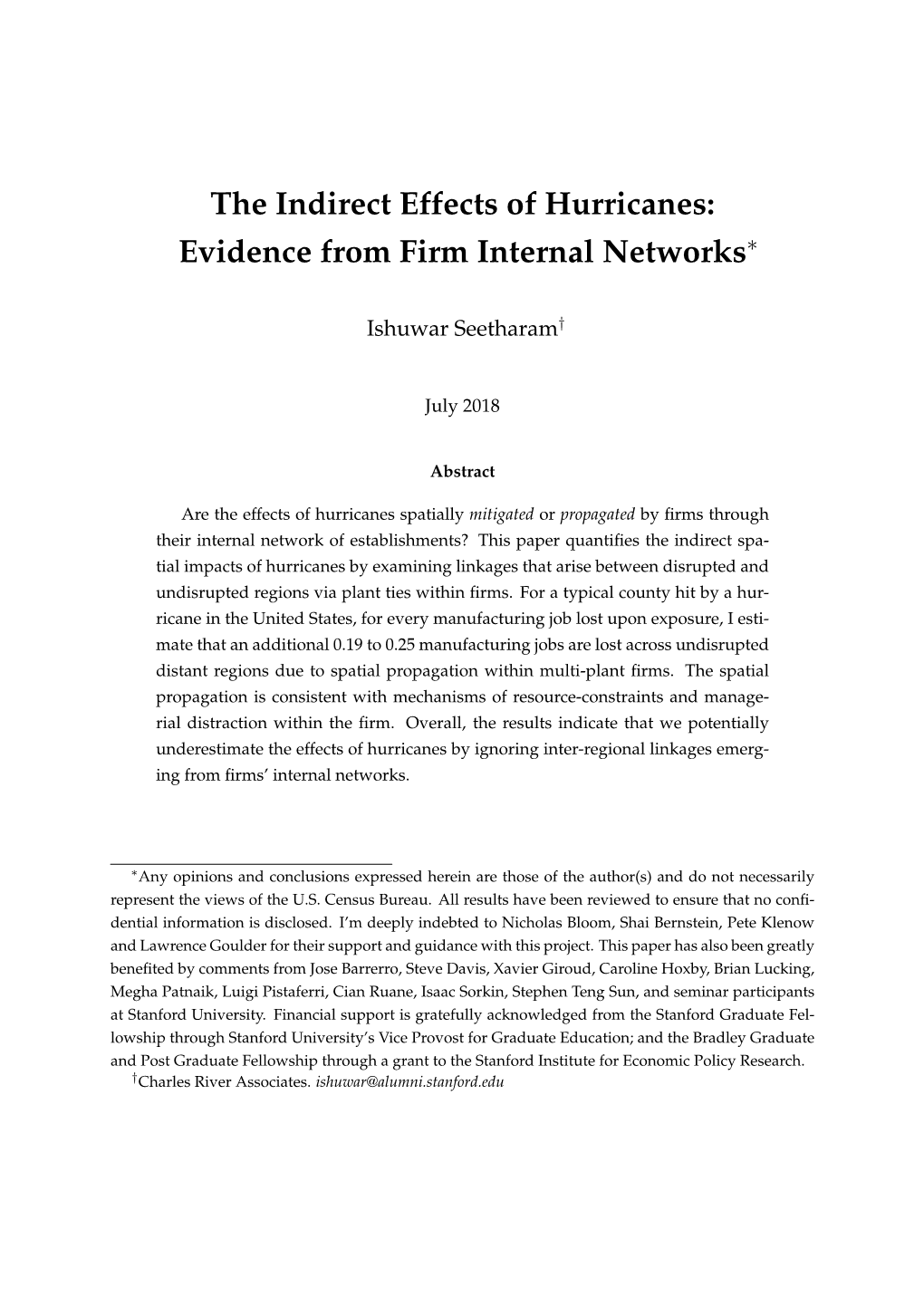 The Indirect Effects of Hurricanes: Evidence from Firm Internal Networks∗