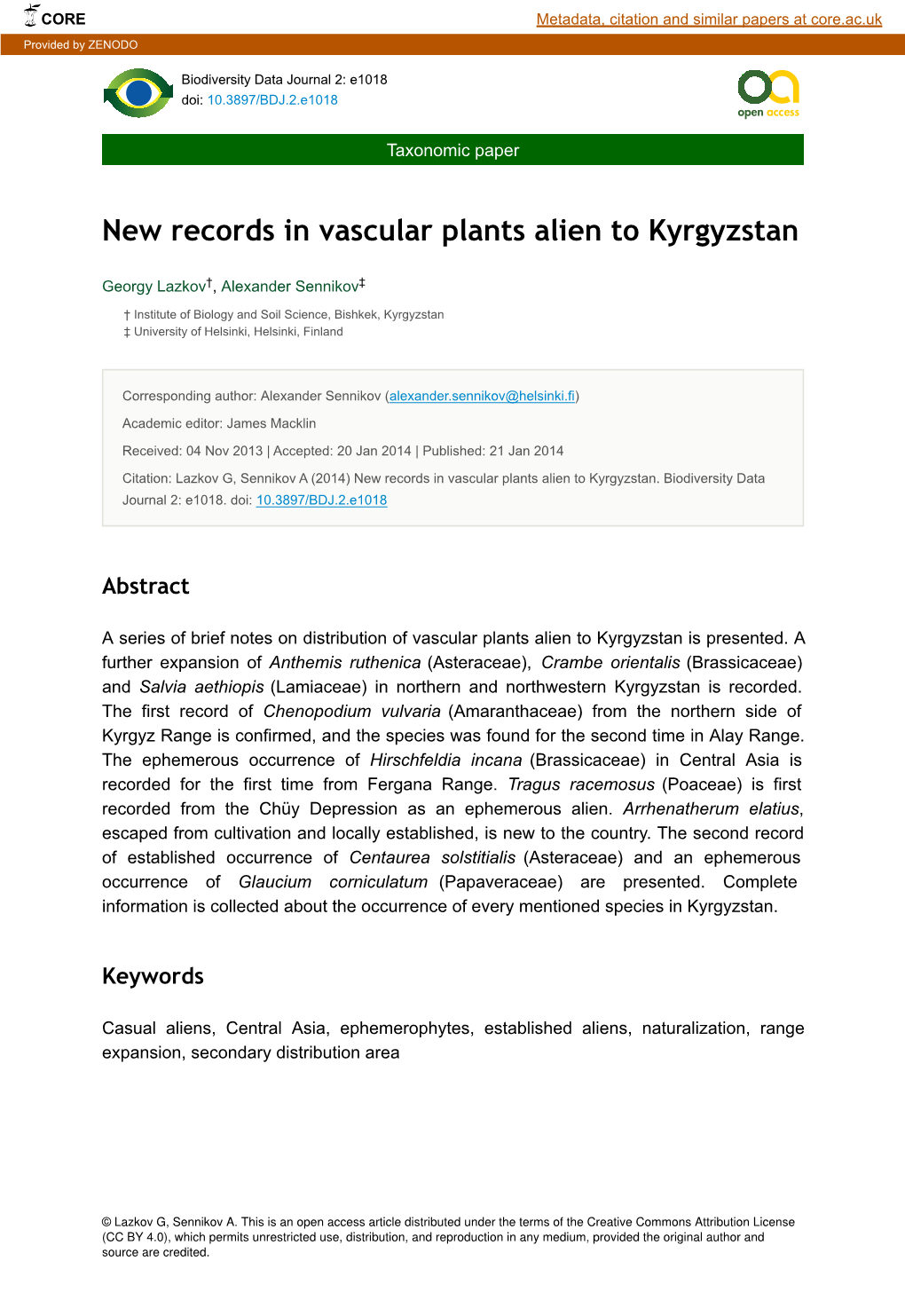 New Records in Vascular Plants Alien to Kyrgyzstan