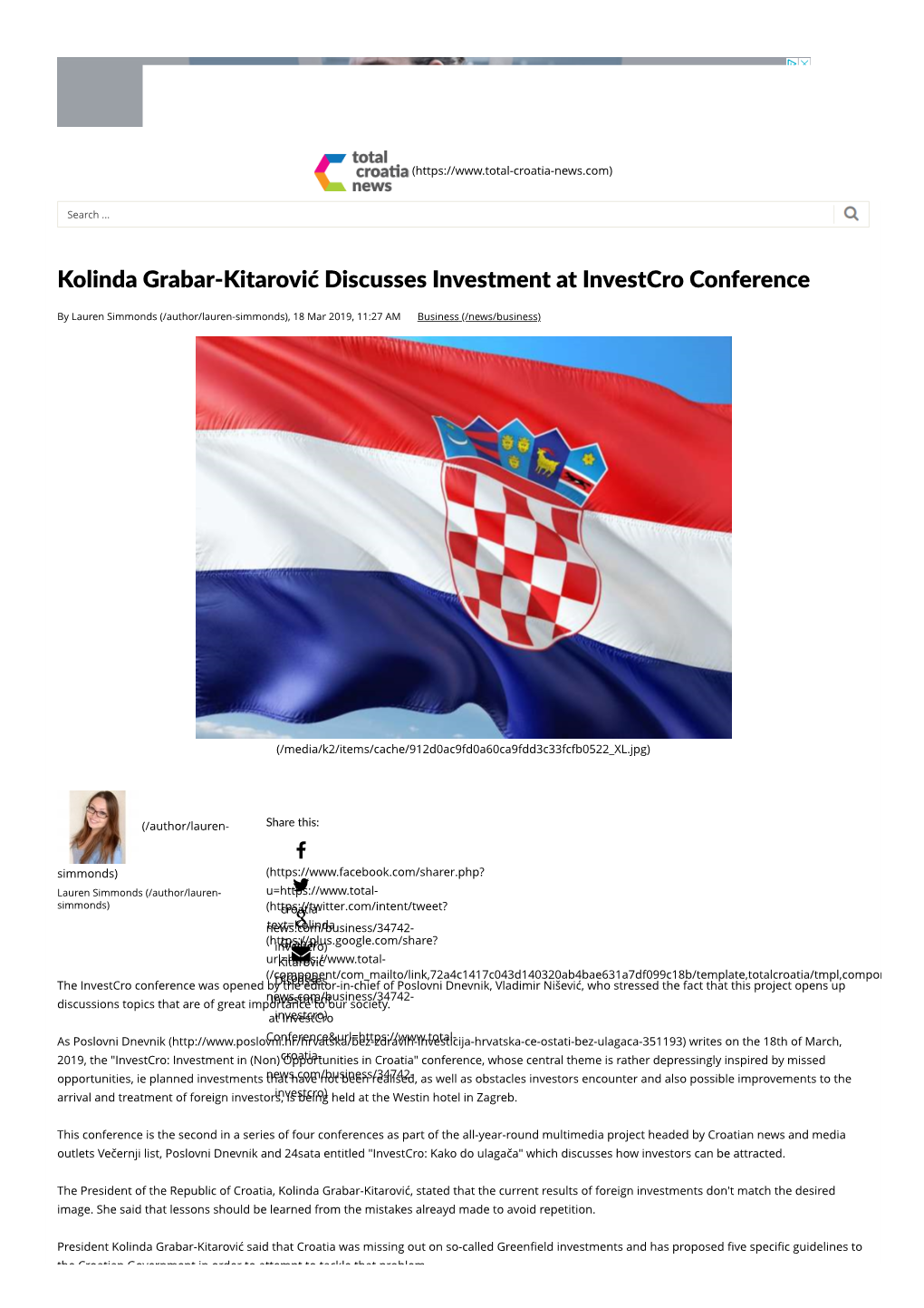 Kolinda Grabar-Kitarović Discusses Investment at Investcro Conference