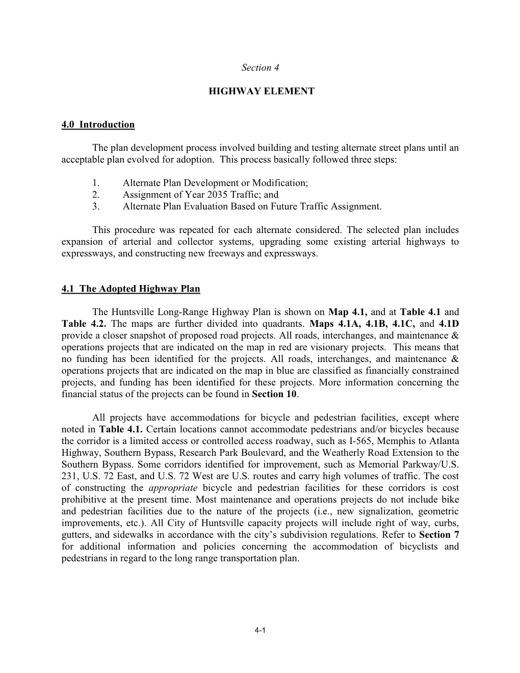 Section 4 HIGHWAY ELEMENT 4.0 Introduction the Plan Development