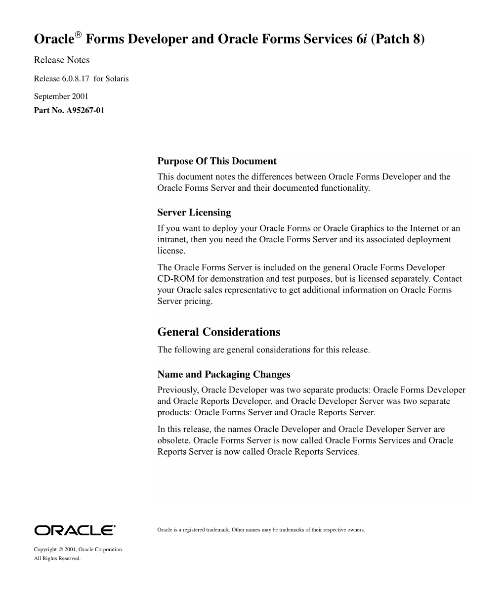 Forms Developer and Oracle Forms Services 6I (Patch 8) Release Notes